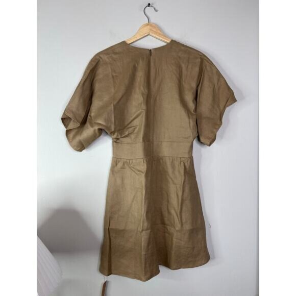NWT Reformation Ty Button-Embellished Linen Kimono Sleeve Mini Dress Khaki - Picture 8 of 9